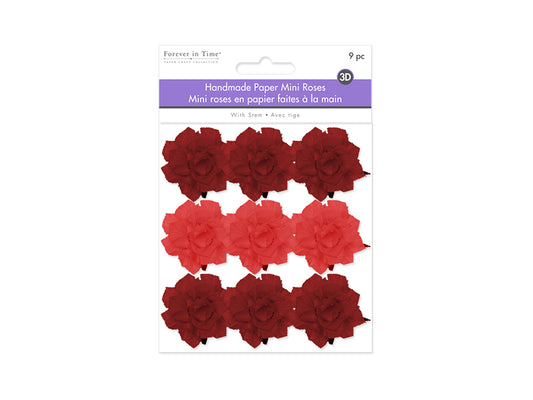 Floral Embellish: 1.25" Handmade Paper Mini Open Roses x9 w/Stem C) Red Rose