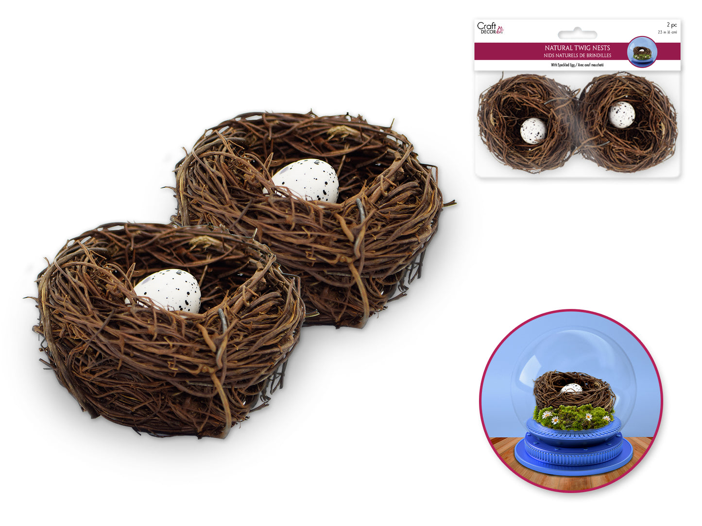 Craft Decor: 6cm Natural Twig Nest 2ct w/Speckled Egg