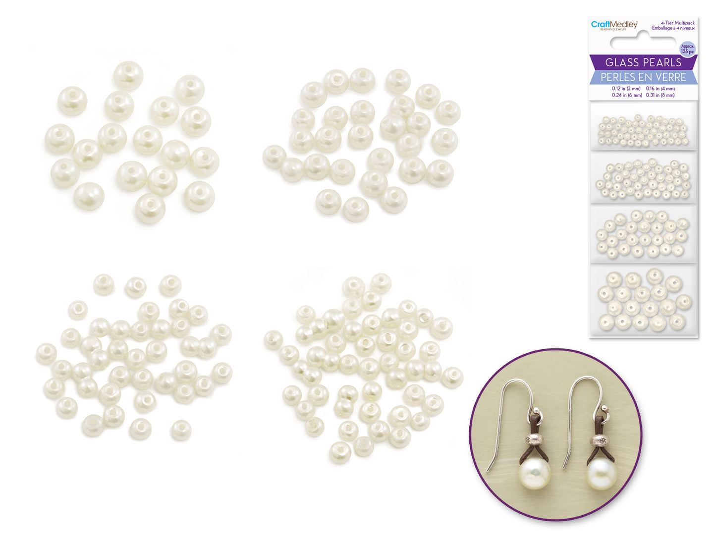 Pearl Beads: 3/4/6/8mm Glass Fired Pearls Asst A) Pearl Ivory
