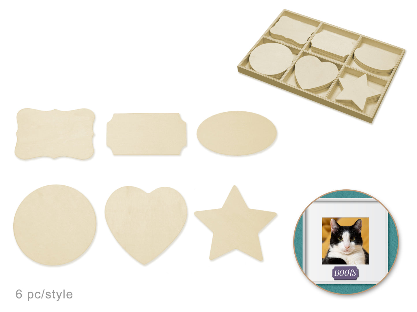 Wood Craft: 8cm Wood Shapes x36 in Display Box (6eax6stl) D) Geo Shapes