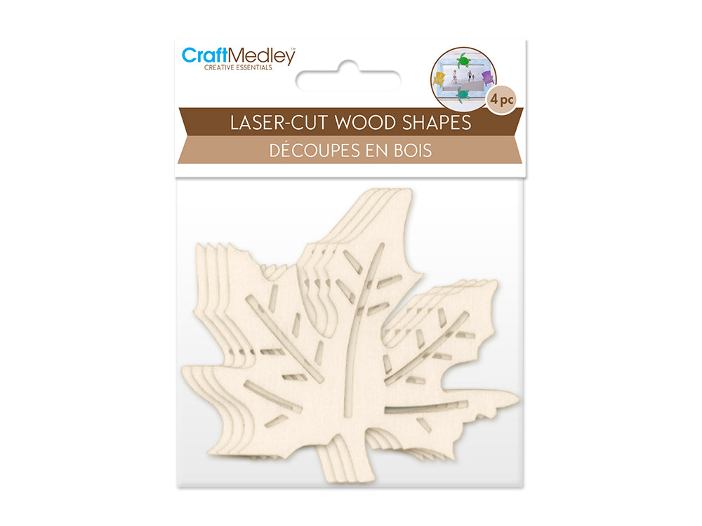 Wood Craft: 8cm Laser-Cut Ornate Wood Shapes x4 M) Maple Leaf