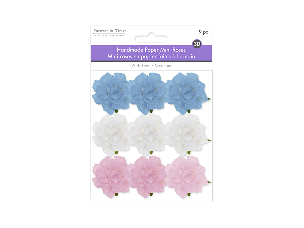 Floral Embellish: 1.25" Handmade Paper Mini Open Roses x9 w/Stem D) Pastel