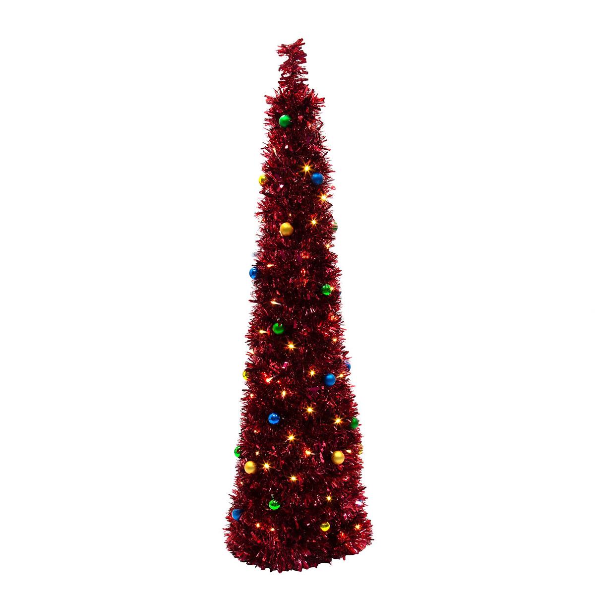 Deco N. 5ft Pop-Up Xmas Tree w/100 LED Lights & 36 Balls, ETL, Red, boxwhite box with color label