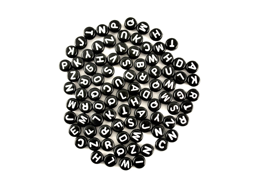 Alphabet Beads: 7mm Round 90ct 4mm(T) C) Black w/White Letters