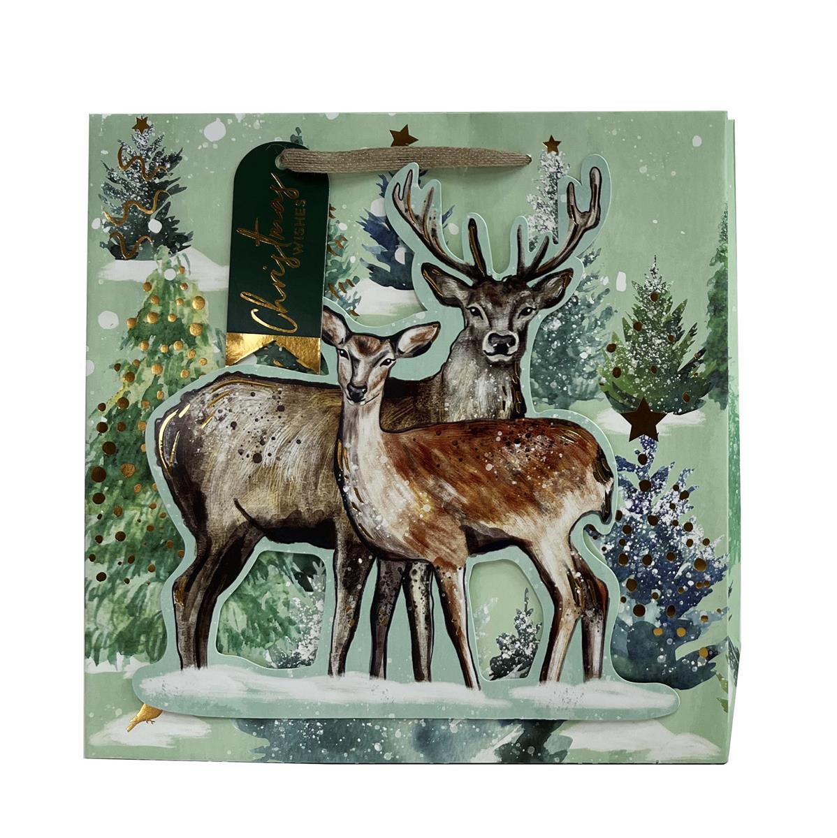Paper T. Xmas DLX Gift Bag, Deer, Square Large, HS+3D, j-hook+tag, 11"x11"x4.7", 250gsm