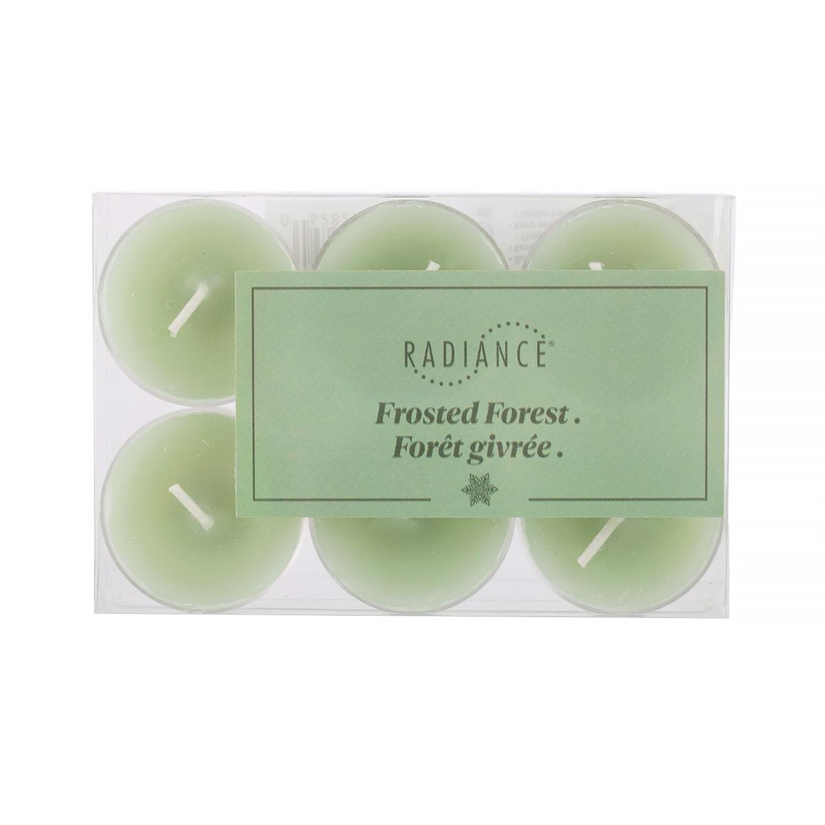 Radiance 6pk Scented Tealights, Frosted Forest, Clear Cup, PVC Box