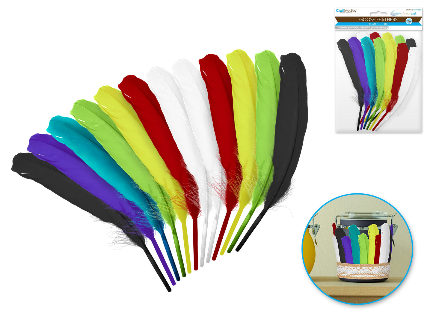 Feather Craft: 8" Goose Feathers x12 I) Multi Mix