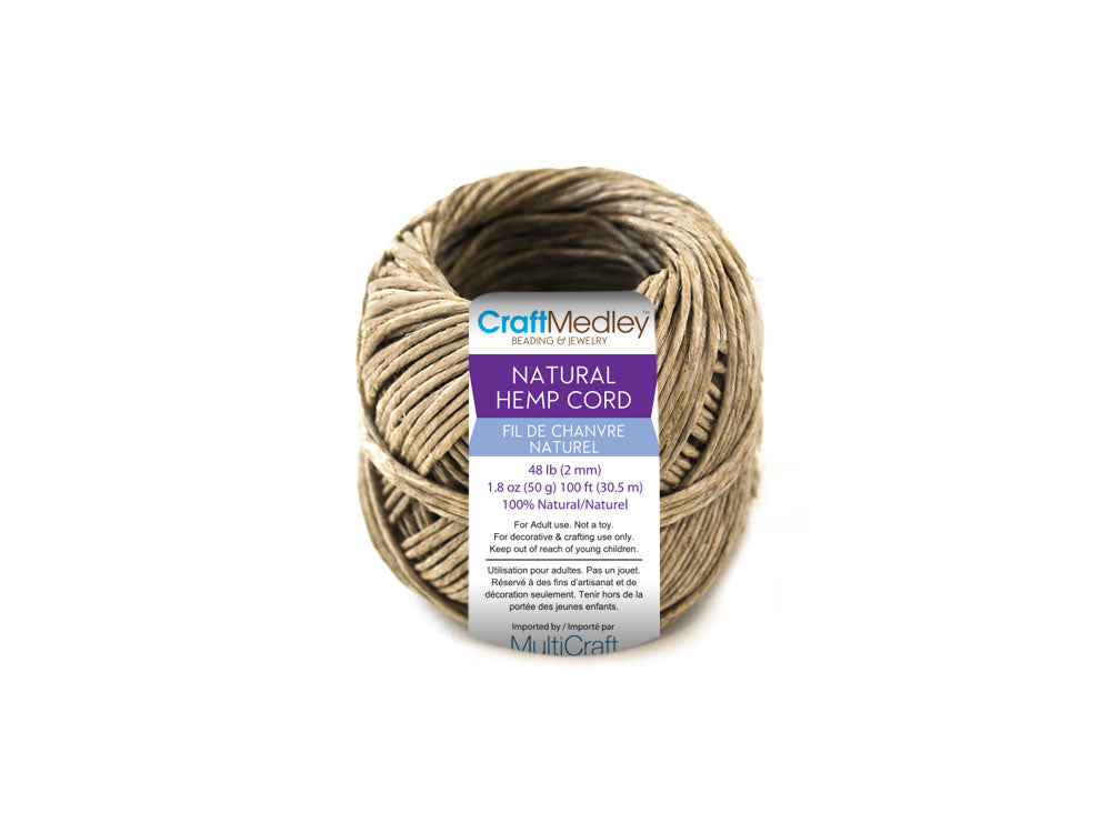 Natural Hemp Cord: 48lb (2mm) 50g Bulk Ball (100ft)