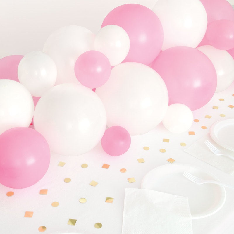 Pink  White & Gold Balloon Garland Table Runner with Foil Confetti Cutouts