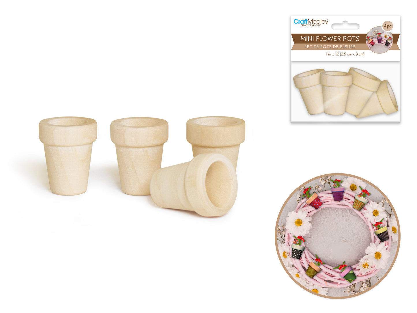 Craftwood: 2.5cmx3cm Mini Flower Pots x4 Natural