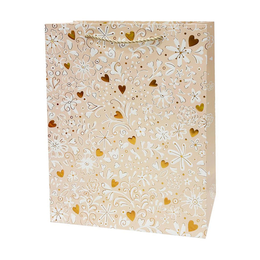 Paper T. Gift Bag, Medium, Pink Floral/Hearts, Emboss+HS, 210gsm, Tag + J-hook