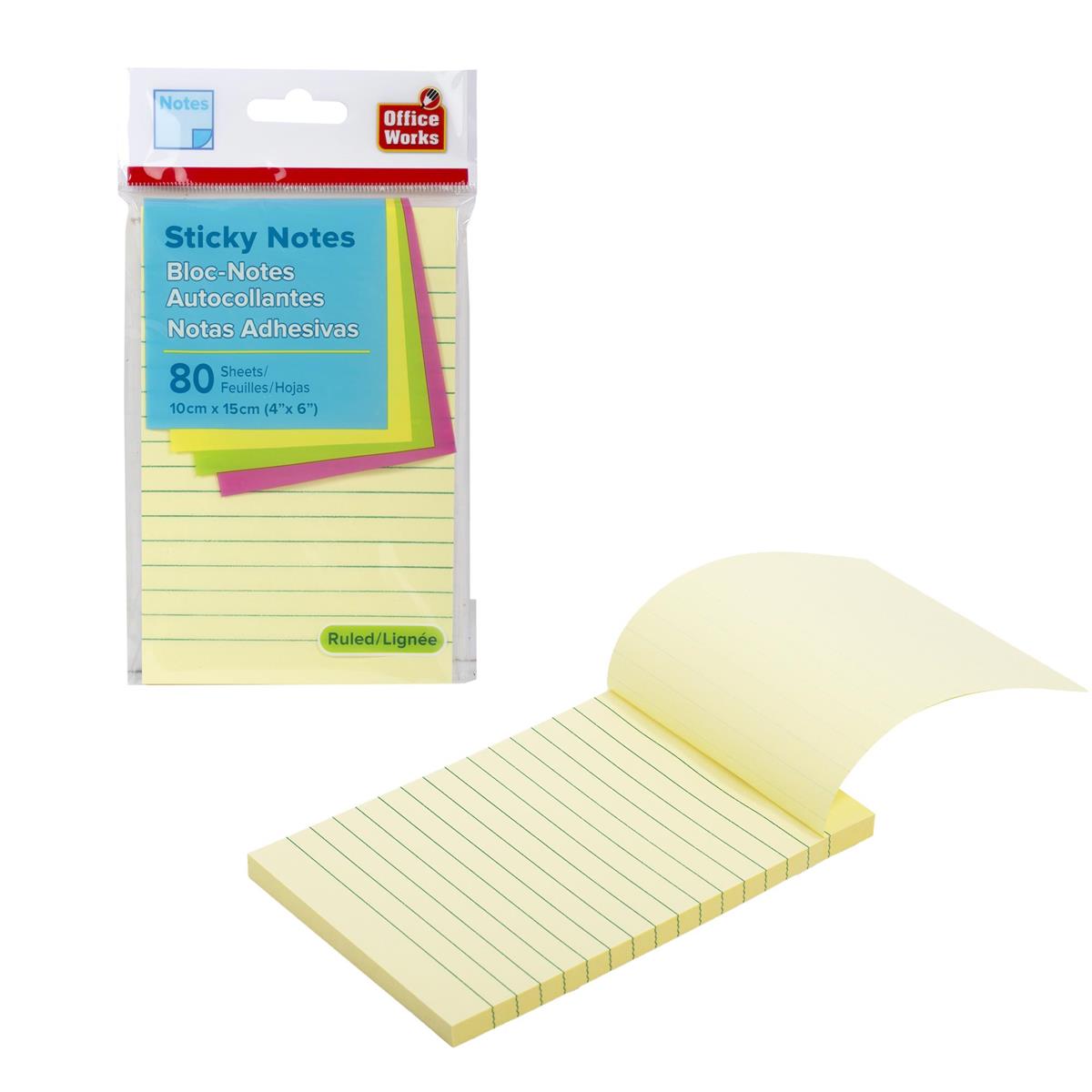 O.WKs. 80Sheets Ruled Sticky Notes, 4" x 6", PBH