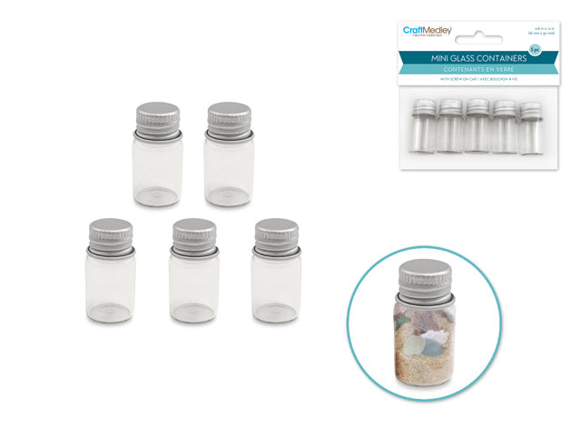 Glass Bottles: 16x30mm (3.3ml) Mini Containers w/Matte Aluminum Cap x5