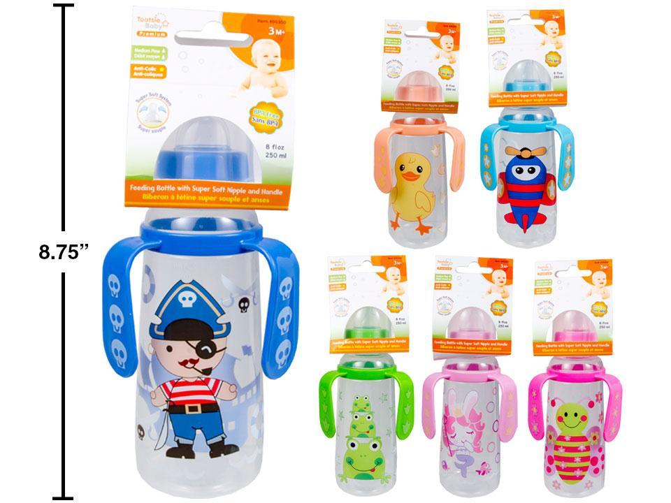 Tootsie Baby, 8oz Feeding Bottle w print + silicone nipple, 6 asst