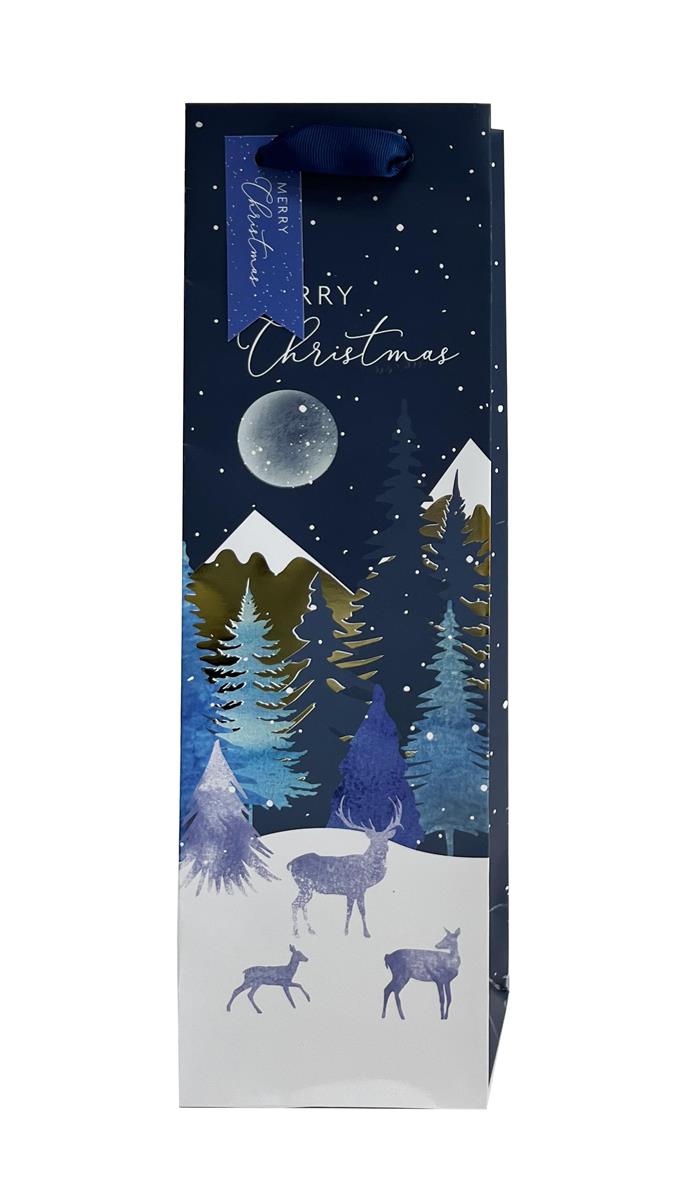 Paper T. Xmas Gift Bag, Mountains, Bottle, Matte+HS, j-hook+tag , 4.7"x15.35"x3.5", 157gsm