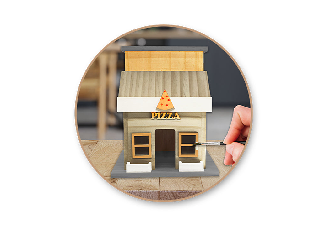 Wood Craft: 5.2x5.3x6.4" Village Store- Pizza Shop