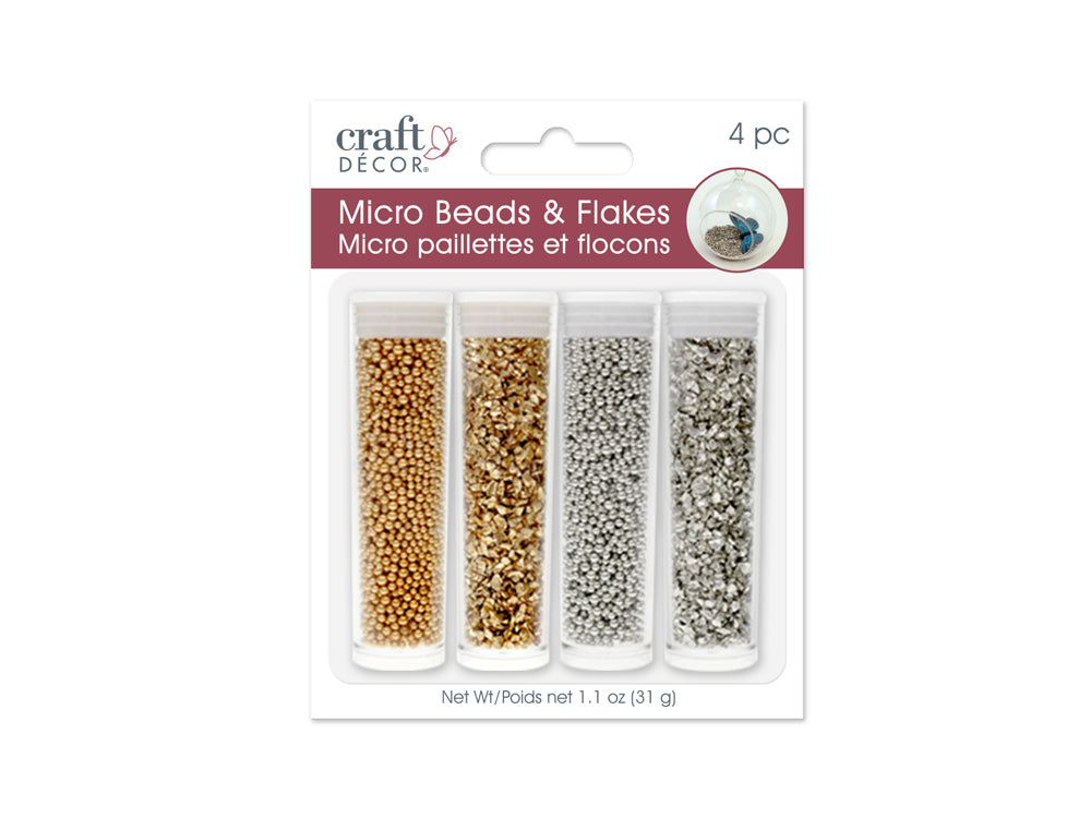 Craft Décor: Micro Beads & Deco Flakes Accent Vials x4 A) Gold/Silver