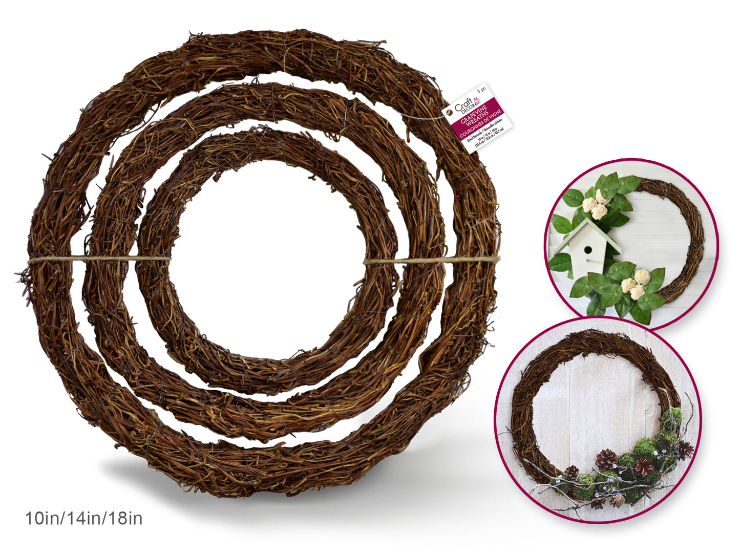 Craft Decor Dried Naturals: 10"/14"18" Grapevine Wreath Set/3