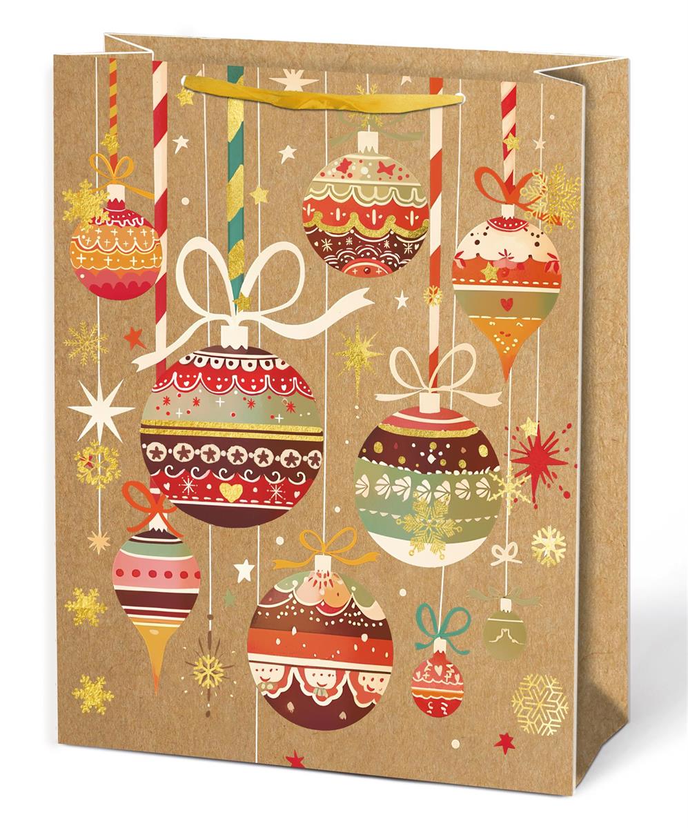 Paper T. Xmas Gift Bag, Red Orns on Kraft, Large, Matte+HS, tag+j-hook 10.2"x12.6"x4.7", 210gsm