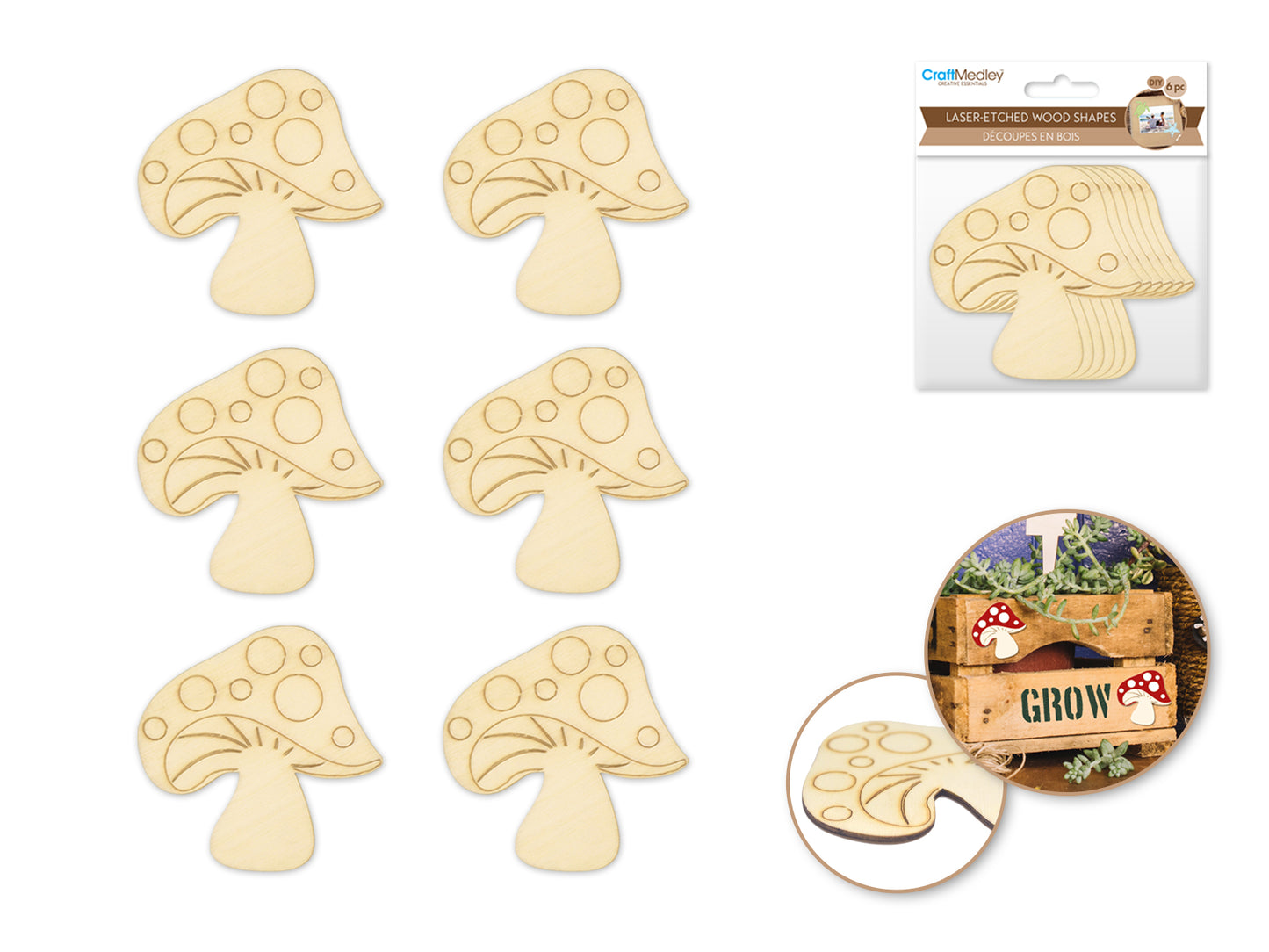 Wood Craft: Laser-Etched Wood Shapes x6 A) Mushroom