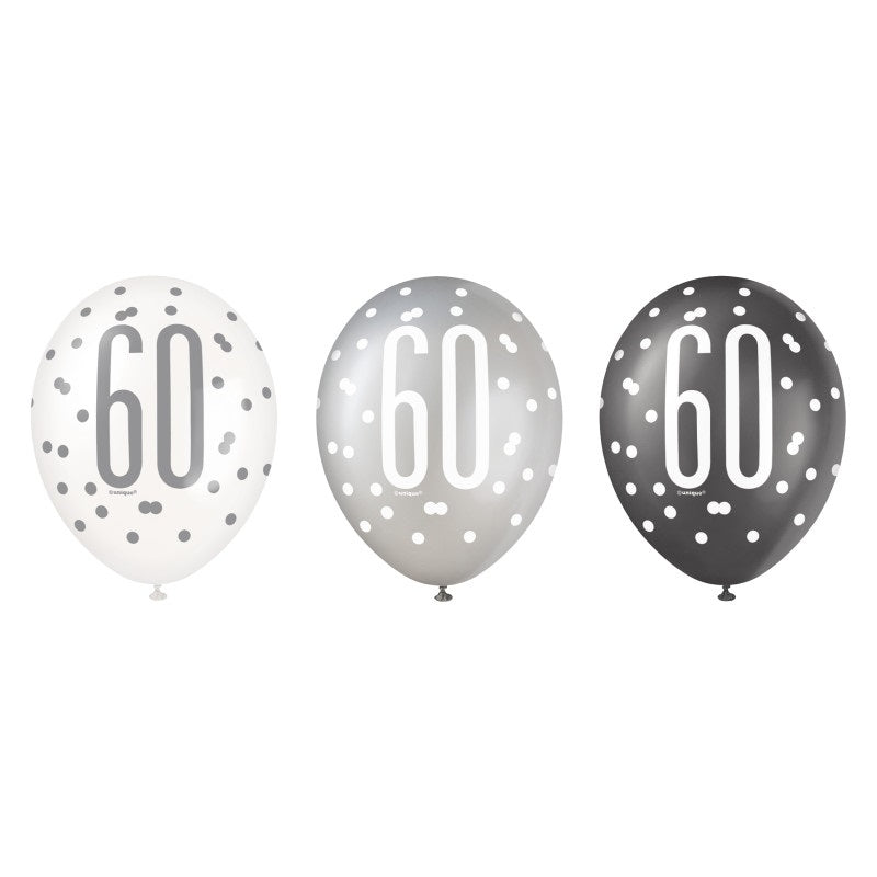6ct Glitz Black Number 60 Assorted 12" Latex Balloons