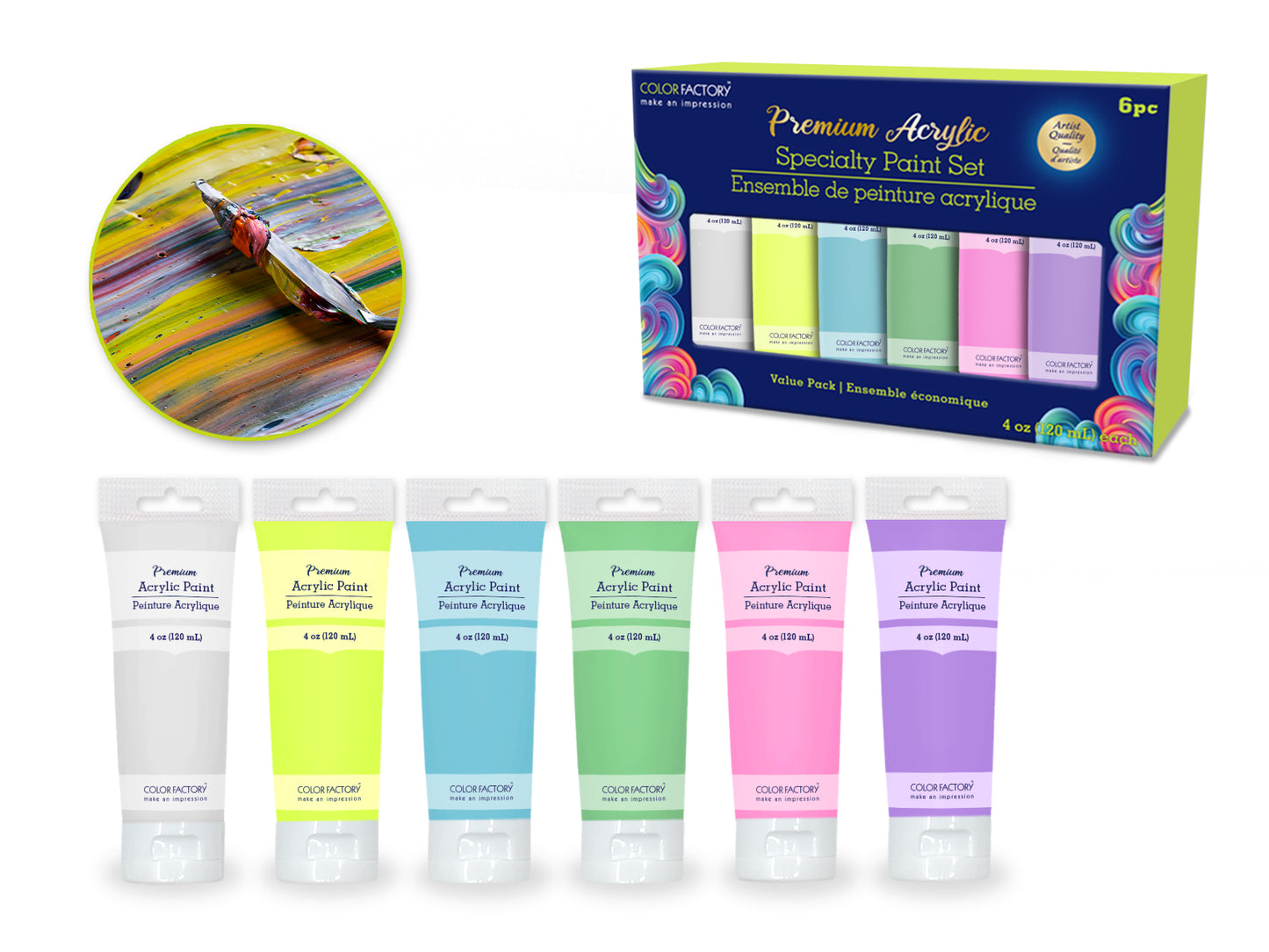 Color Factory: 4oz Premium Acrylic Paint Set 6x120ml Tubes B) Pastels