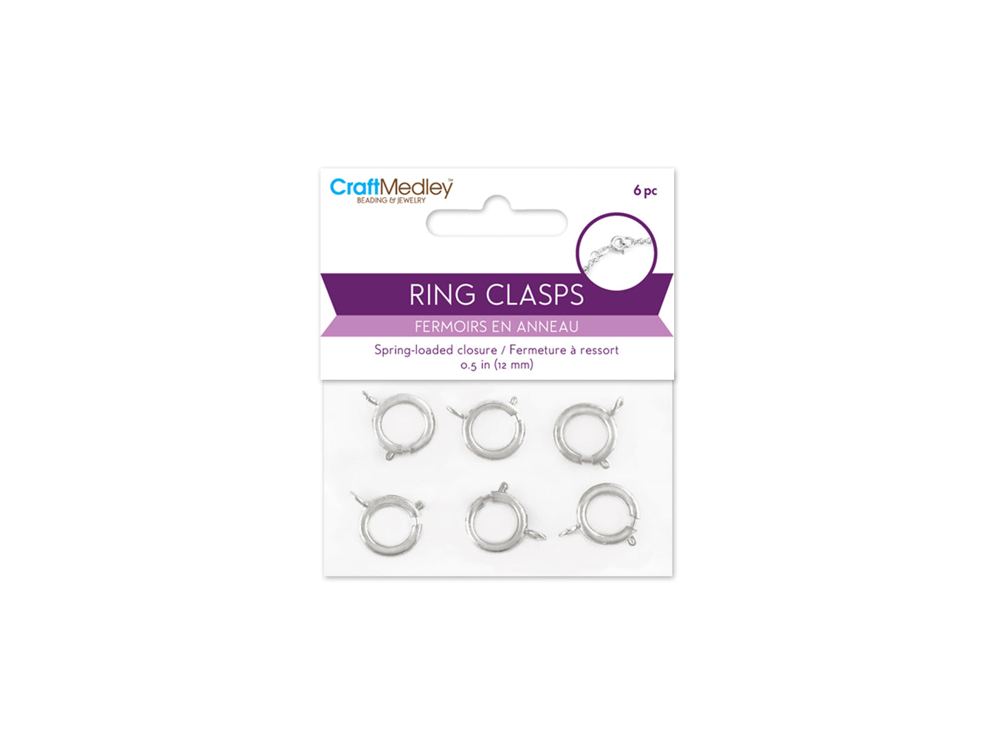 Jewelry Findings: 12mm Ring Clasp x6 w/Spring B) Silver