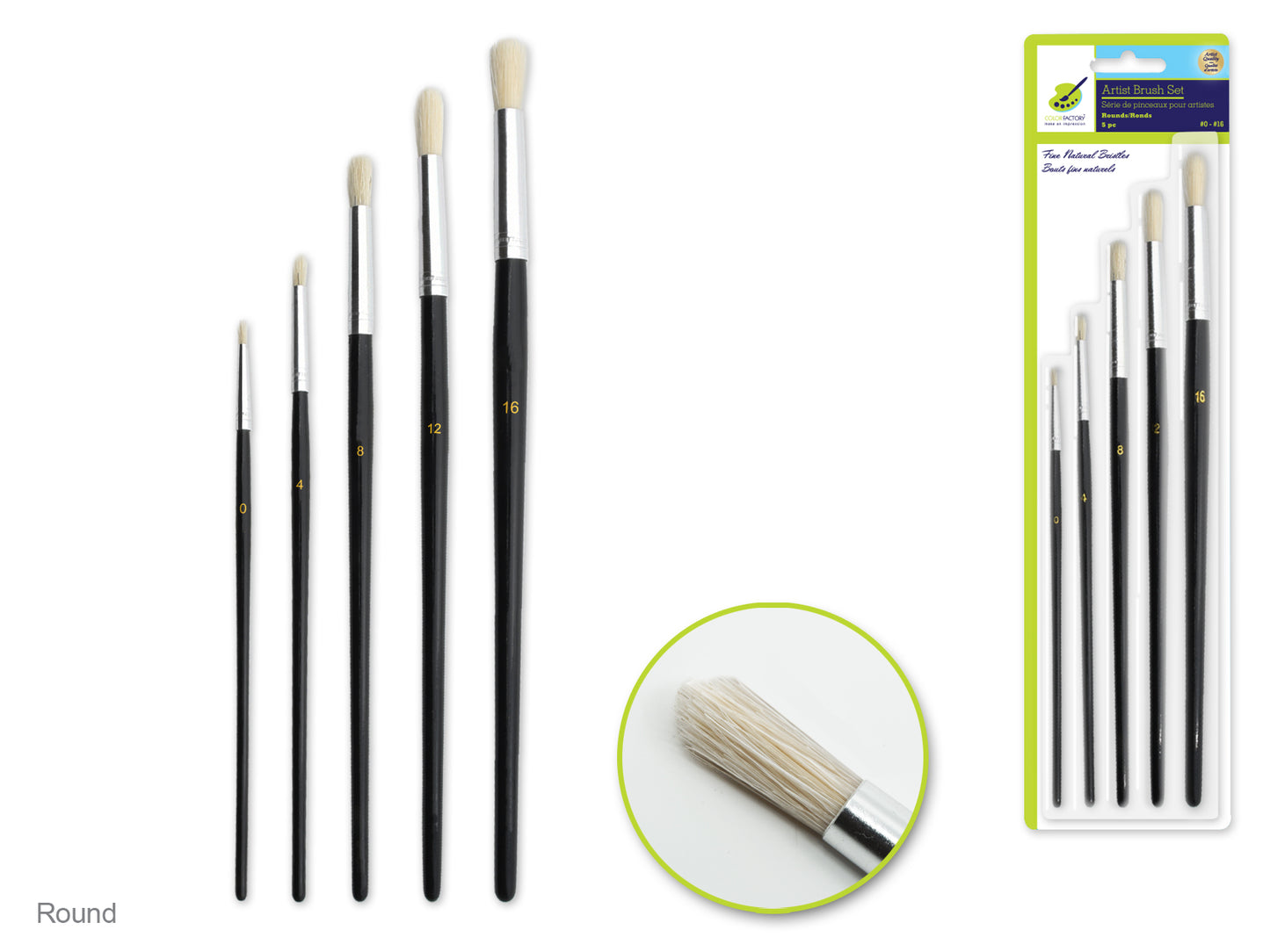 Artist Brush Set: #0-#16 Fine Bristle x5 Wood Handle B) Rounds