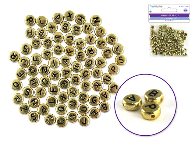 Alphabet Beads: 7mm Round 90ct 4mm(T) B) Metallic Gold