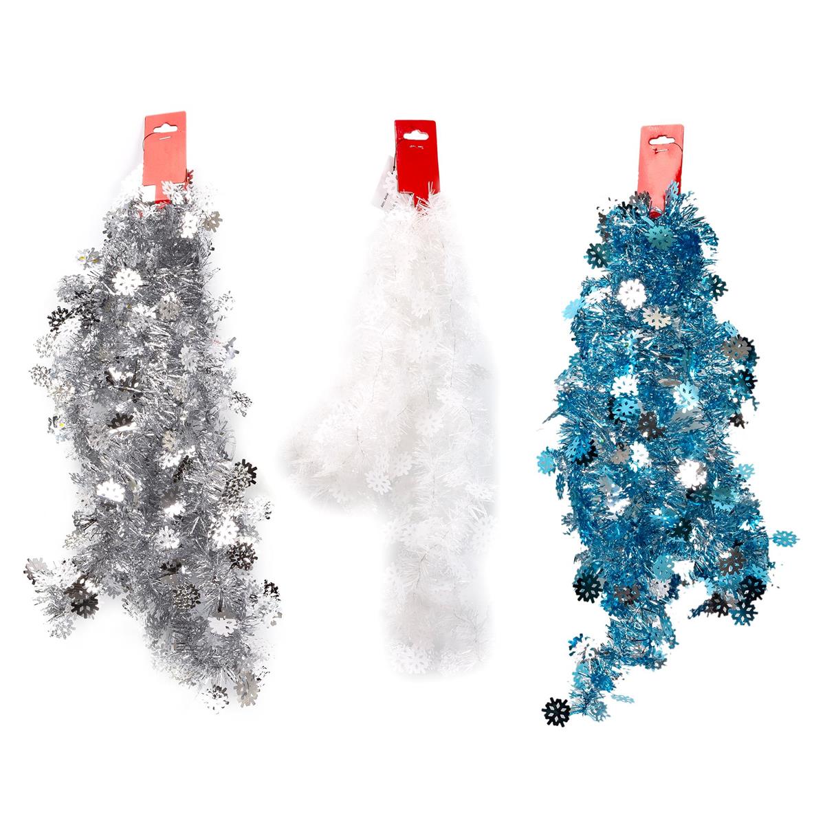 Deco N. 7ft Tinsel Garland, Snowflakes, 3/c, header