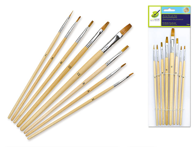 Artist Brush Set: #1-#12 Flat Bristle Assorted x8 Wood Handle