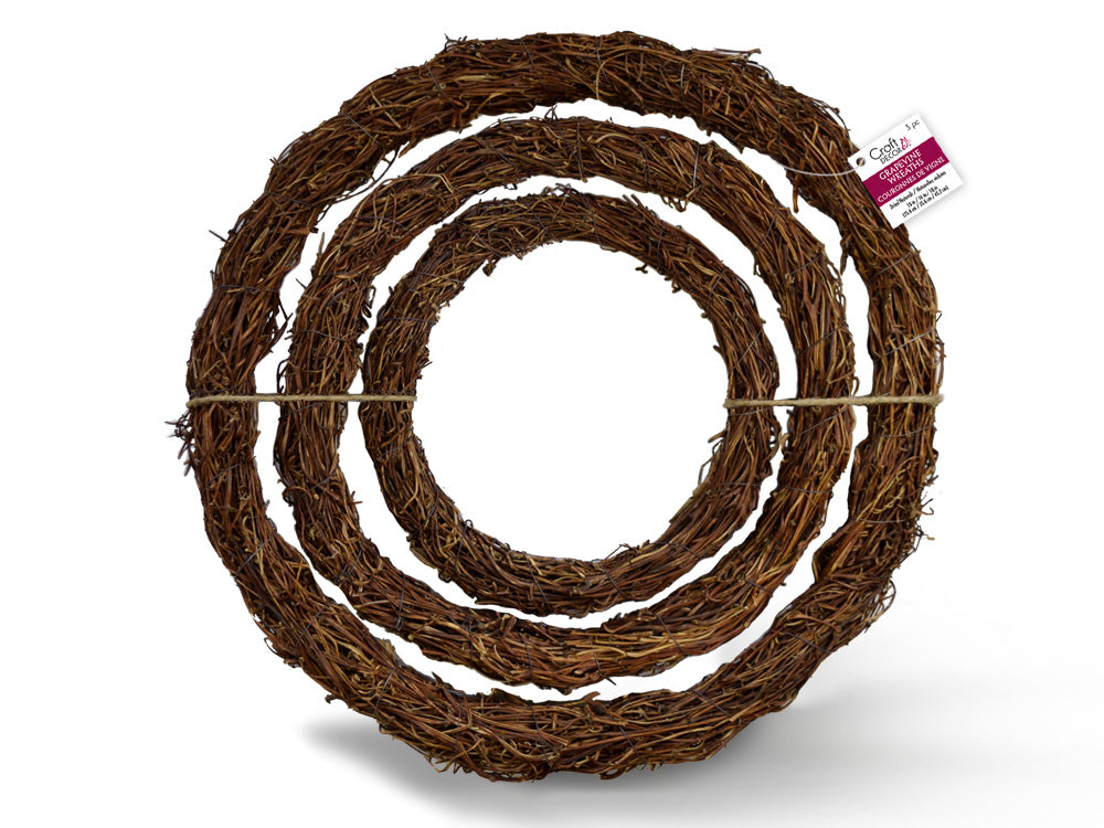 Craft Decor Dried Naturals: 10"/14"18" Grapevine Wreath Set/3
