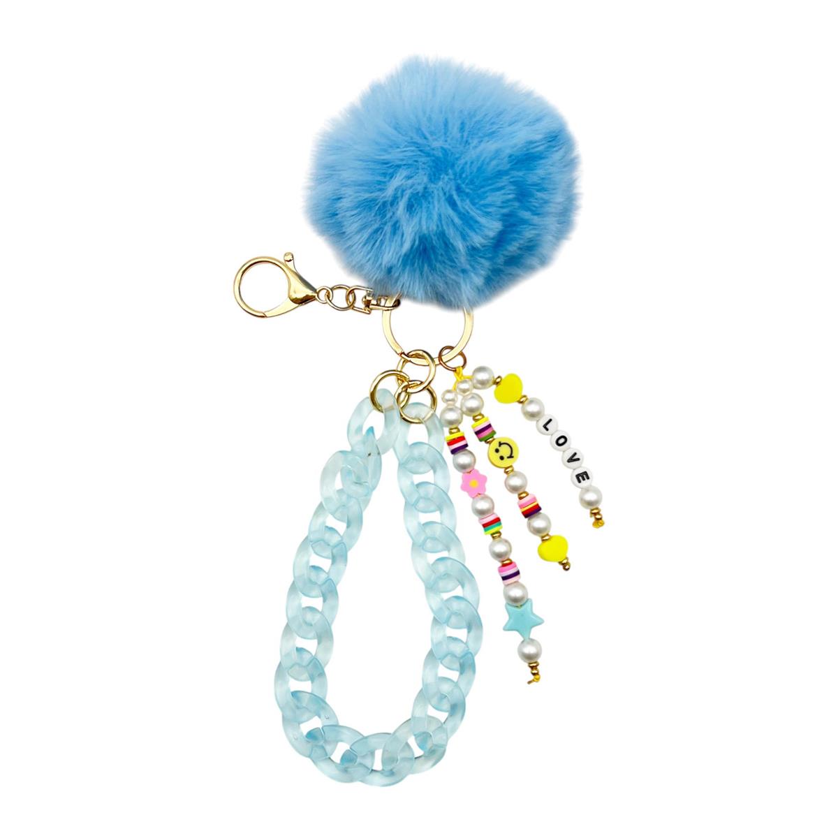 Bodico, Blue Chain Bag Charm w Pom & Beads, hc