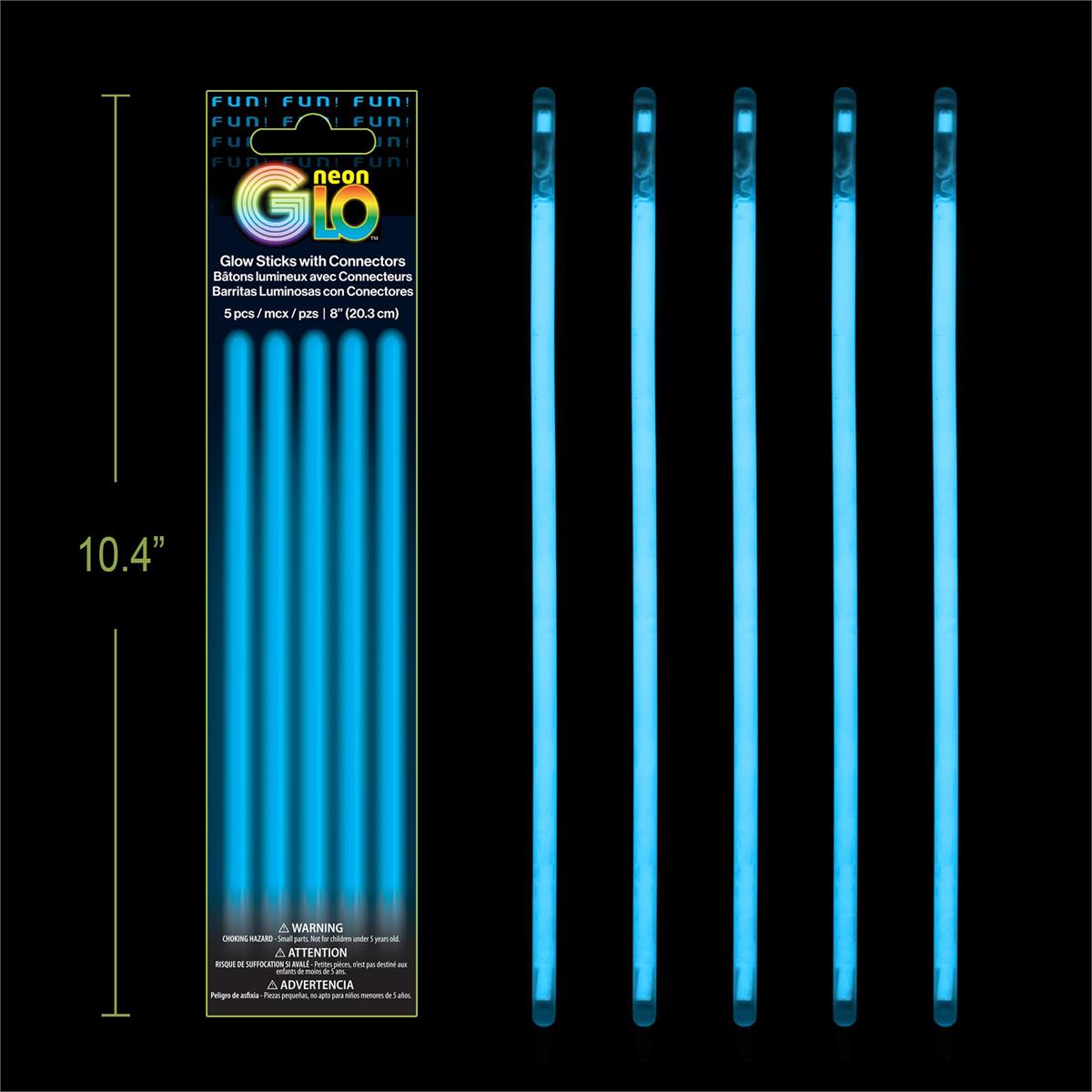 Neon Glo, Blue, 5 pack 8" Glow Sticks with Connectors, Foil Pack