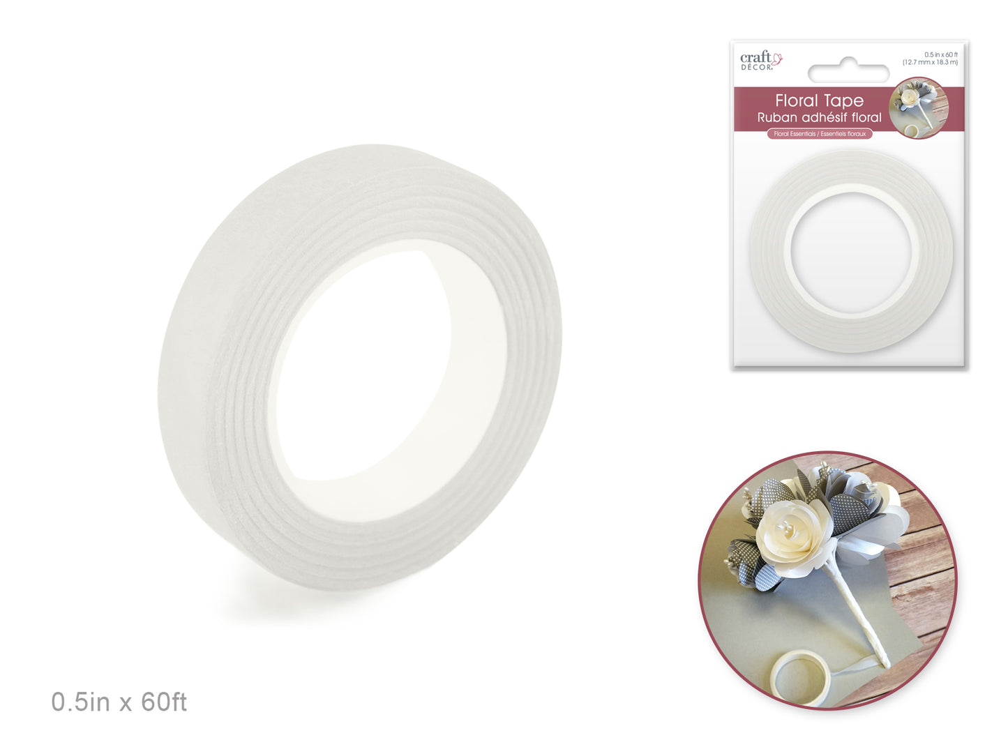 Floral Tape Stem Wrap: 1/2" x 20yds C) White