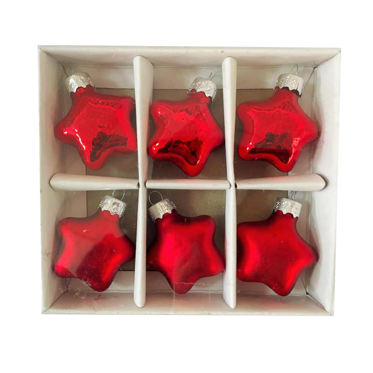 Deco N 6pk Christmas Metallic Red Star Ornament set. PVC box w/color label, Ornament size :1.57x1.57x1",
