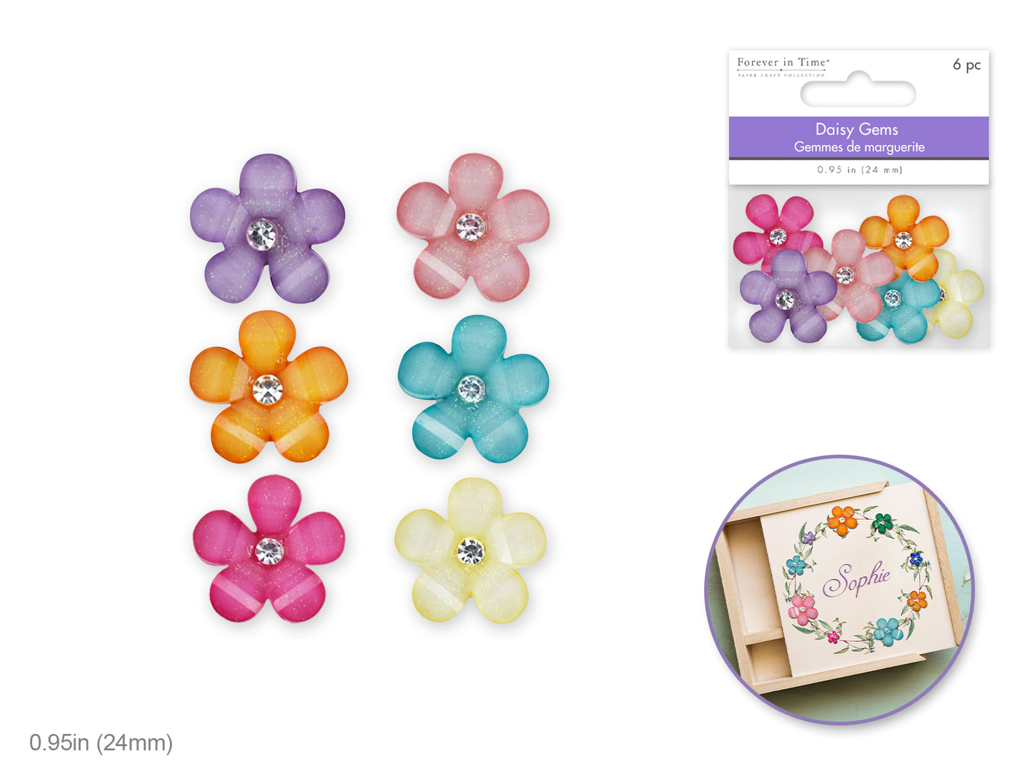 Paper Craft Embellishment: 24mm Glitter Daisy Gems 6pc w/4mm Crystal Asst 6-col A) Pastel Medley