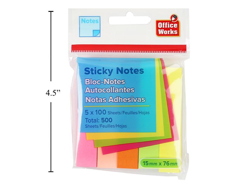 O.WKs.100-sheet Sticky Notes, 5-pack 76x15mm, Neon Col., pbh