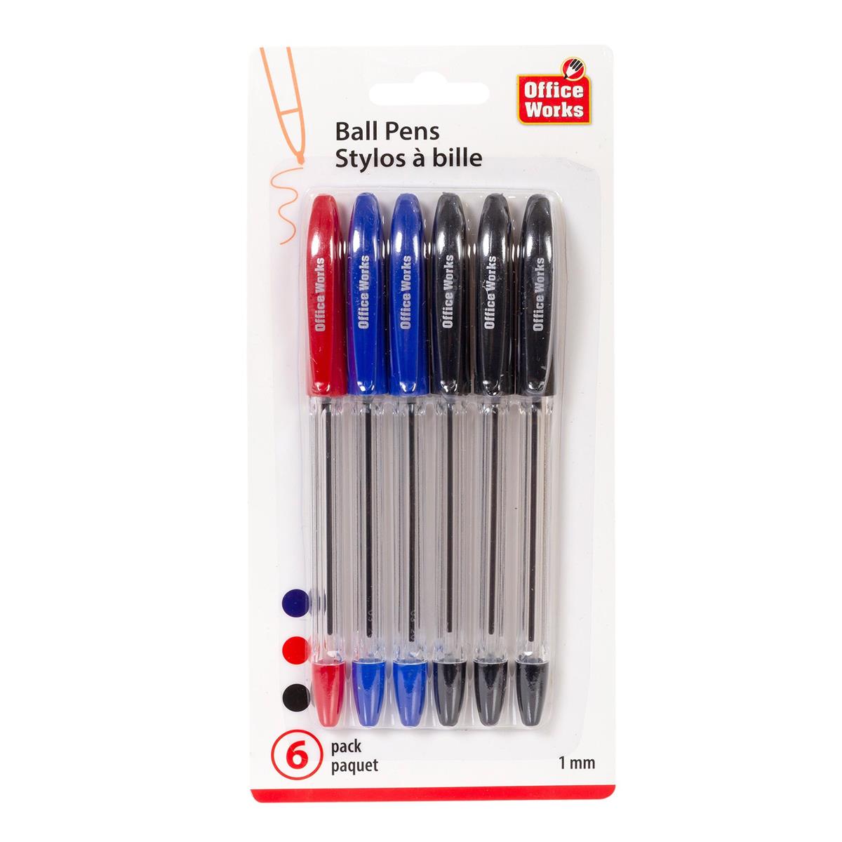 O.WKs. 6-Pc Ball Pens, b/c 1 red, 2 blue, 3 black