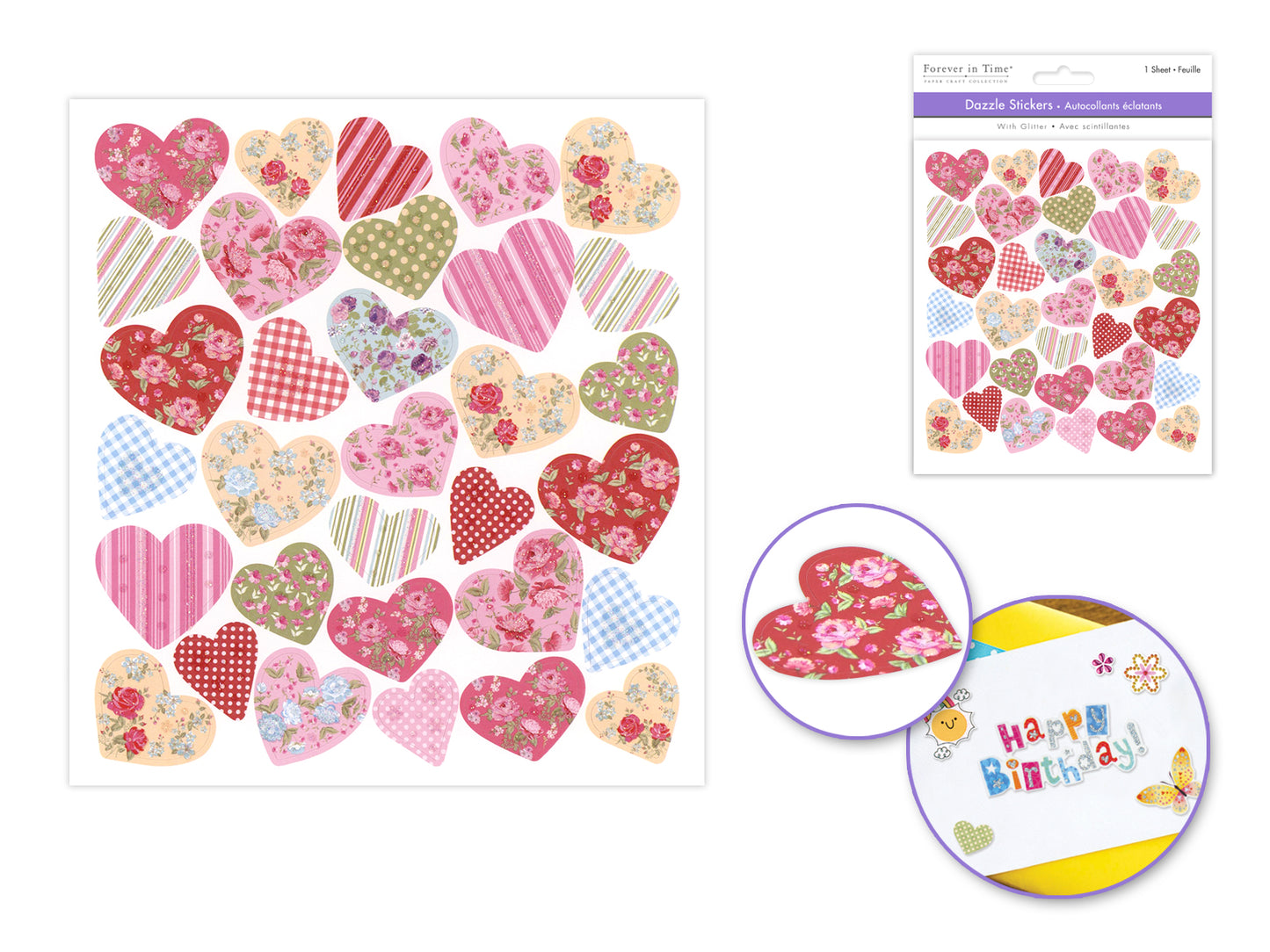 Paper Craft Stickers: 6"x6.5" Dazzle Effects J) Patterned Hearts