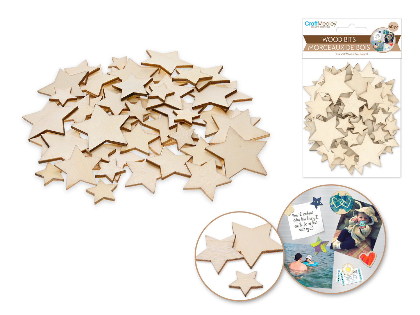 Craftwood: Wood Bits 60pc 1.7mm(T) Asst 3stl 4*4/3*3/2*2cm D) Stars