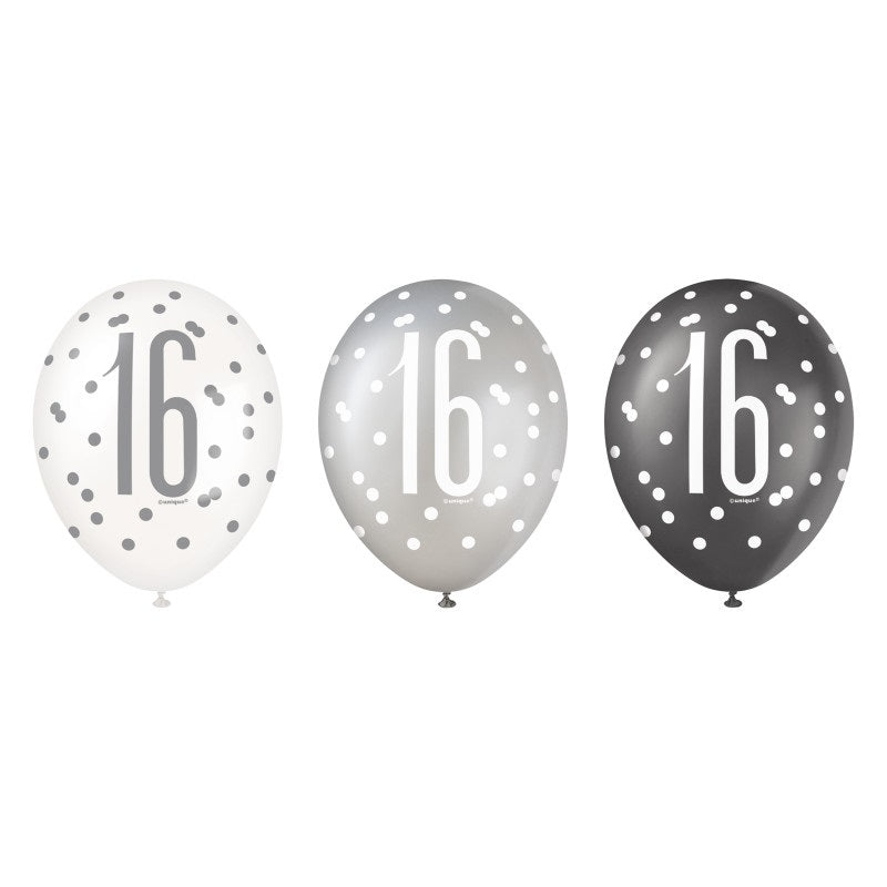 6ct Glitz Black Number 16 Assorted 12" Latex Balloons