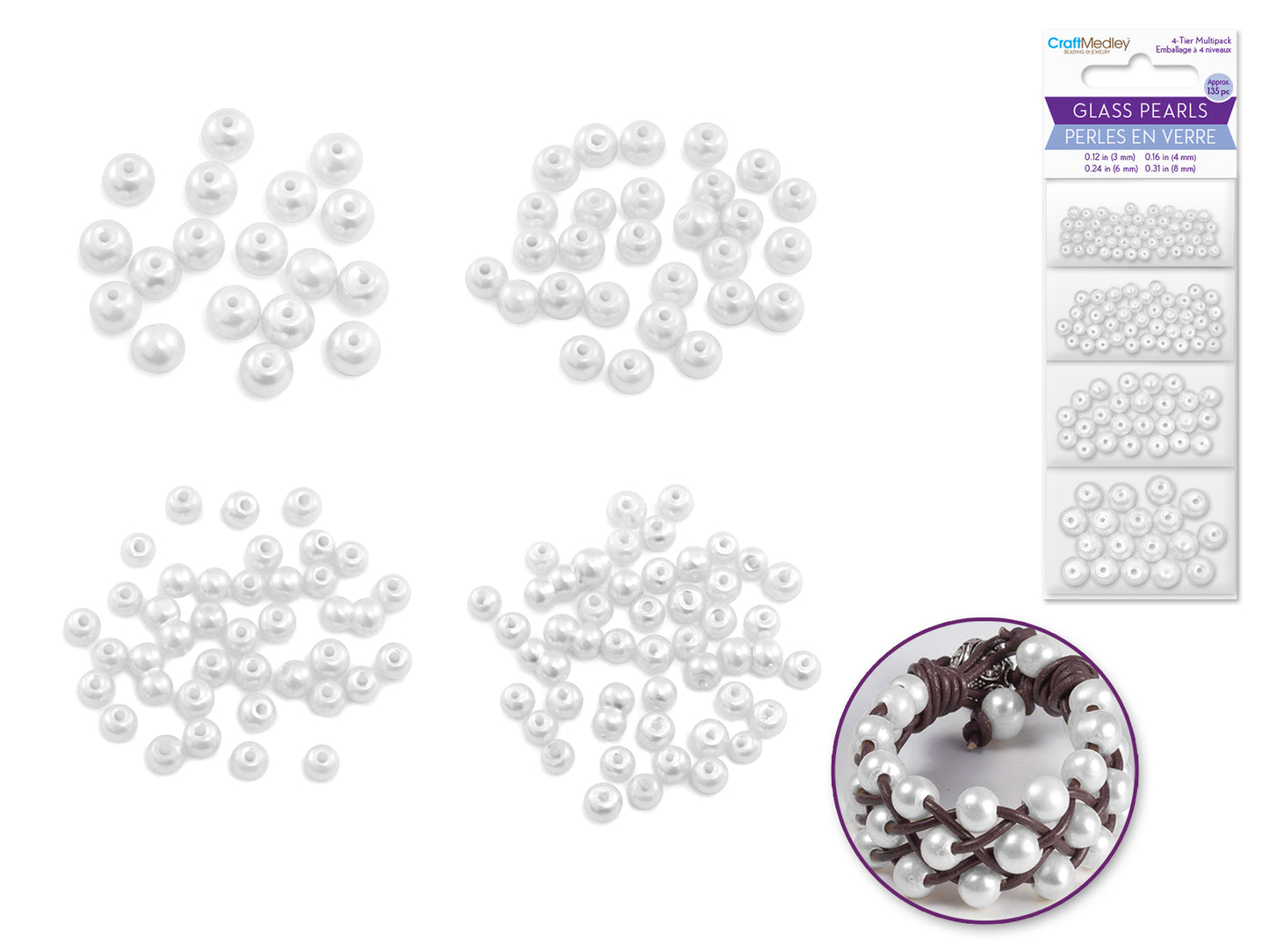 Pearl Beads: 3/4/6/8mm Glass Fired Pearls Asst B) Pearl White