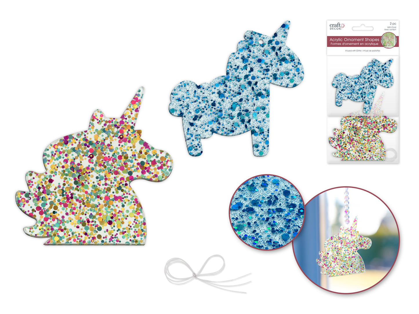 Craft Decor: 8cm-10cm Glitter Infused Acrylic Ornament 2pc Asst A) Unicorn