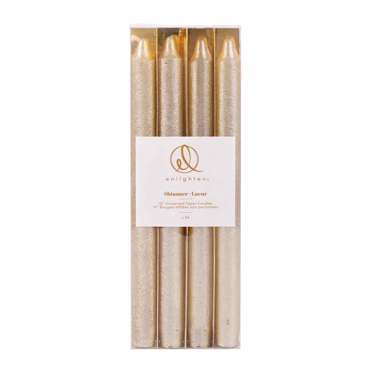 Enlighten 4pk 10" Shimmer Gold Taper Candle, pvc box