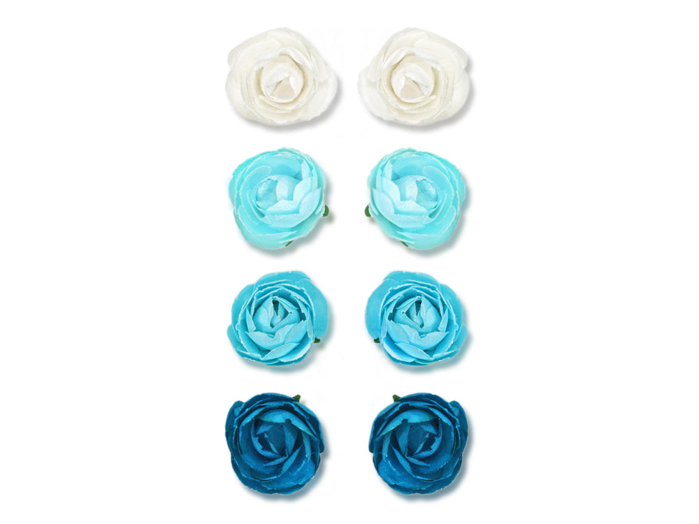 Floral Embellish: 1.1" Handmade Paper Rosebuds x8 C) Blue