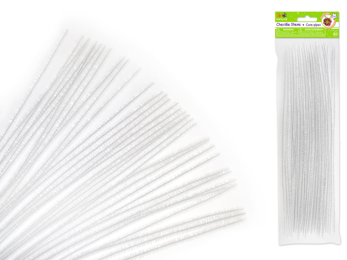 Tinsel Chenille Stems: 6mmx30cm 35/pk Glitter Pipe Cleaners E) White