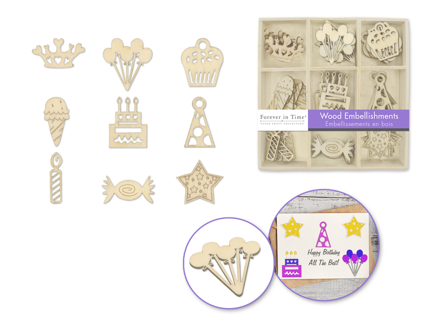 Paper Craft Emb: 45pc Mini Wood Emb in 9-Comp Box E) Birthday