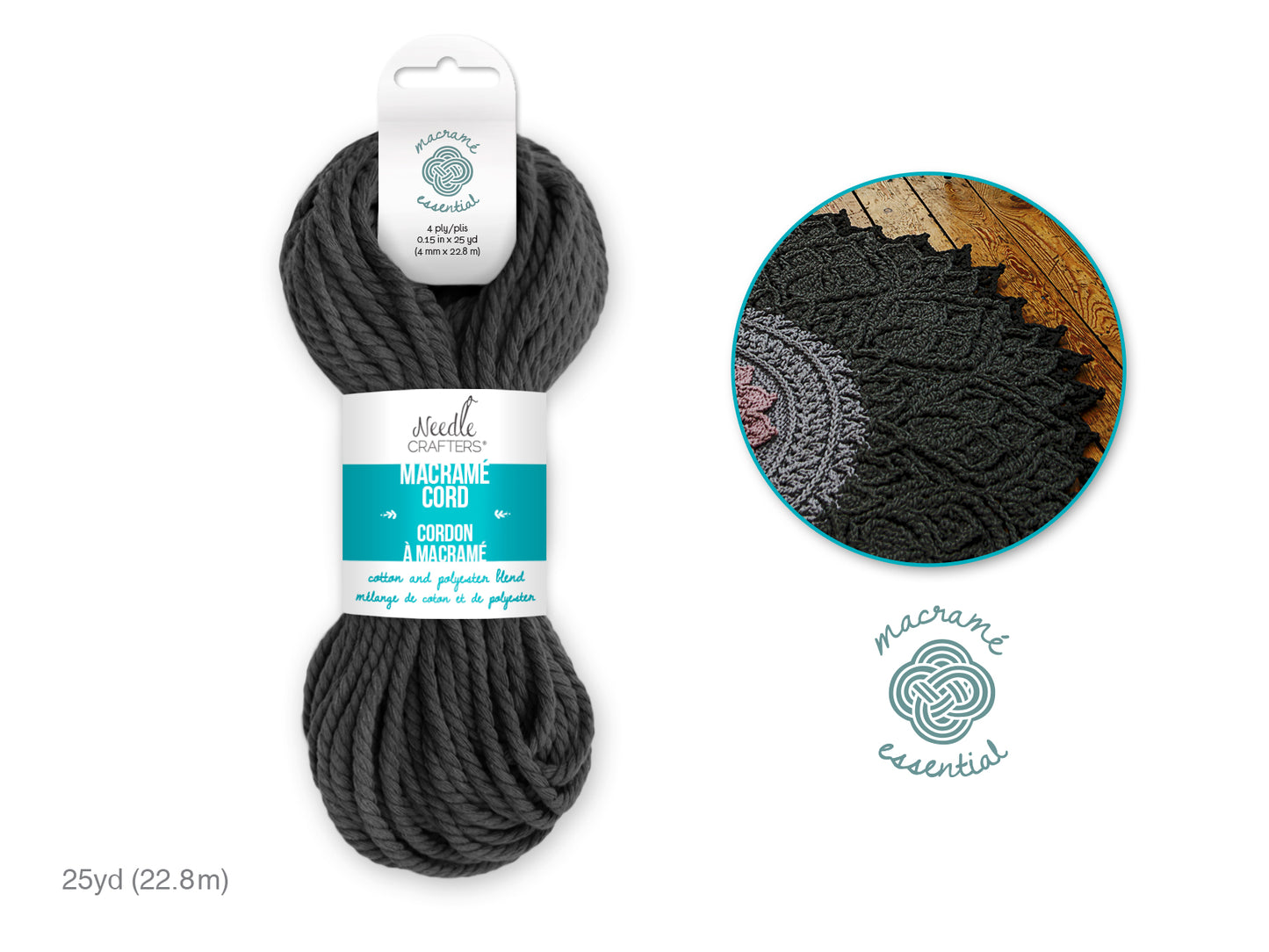 Needlecrafters: 4mm Macramé Cord 25yds (22.8m) D) Charcoal