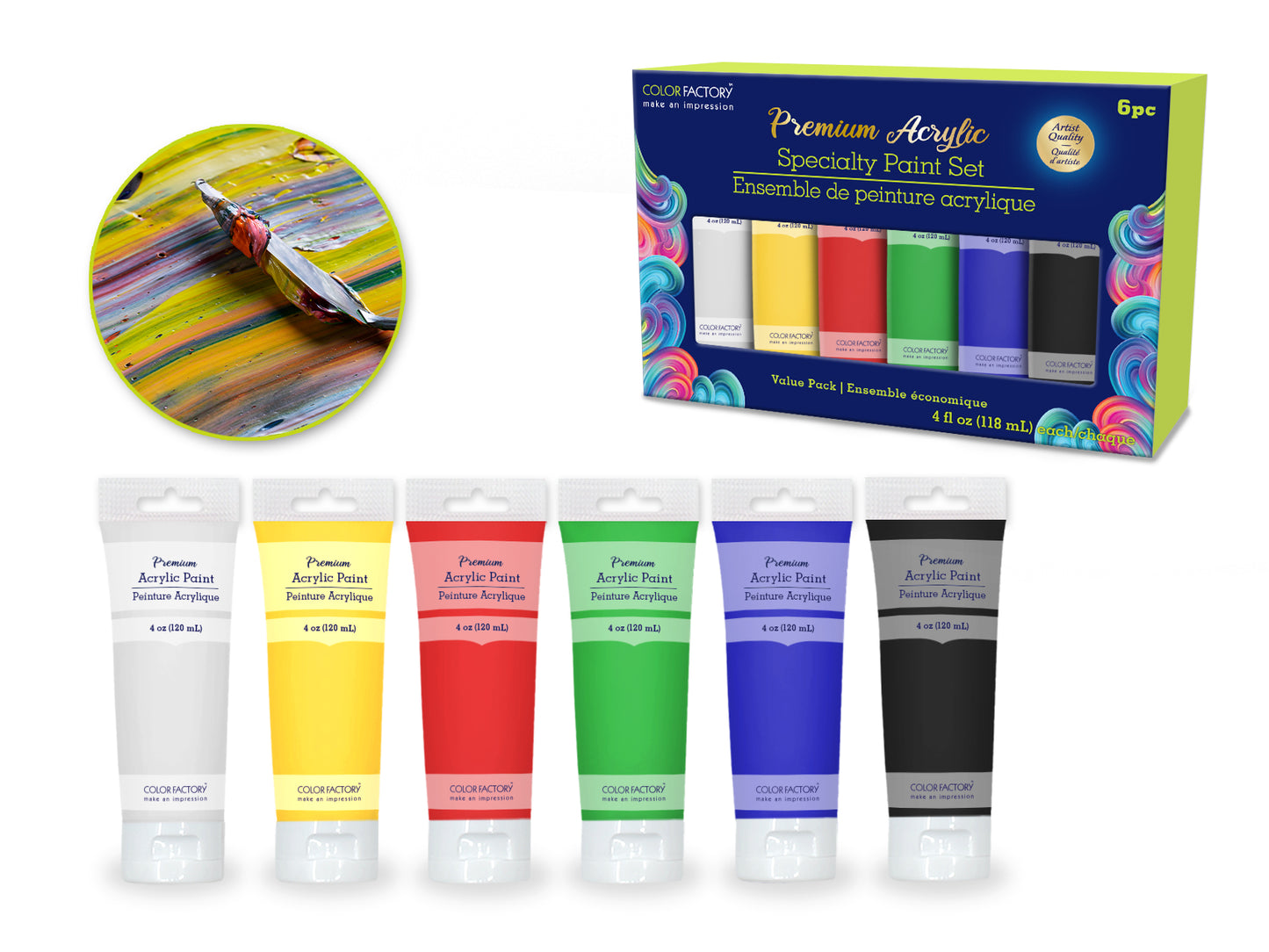 Color Factory: 4oz Premium Acrylic Paint Set 6x120ml Tubes A) Basics